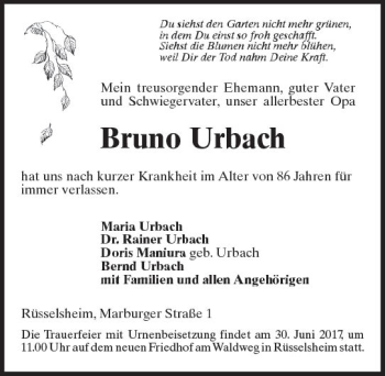 Traueranzeige von Bruno Urbach von Trauerportal Rhein Main Presse