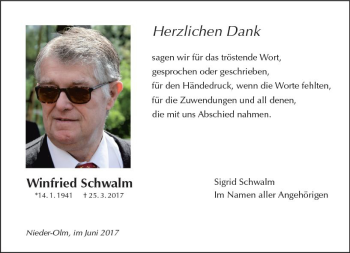 Traueranzeige von Winfried Schwam von Trauerportal Rhein Main Presse