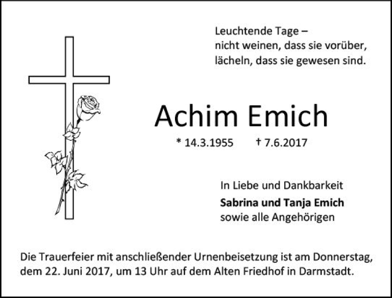  Traueranzeige für Achim Emich vom 17.06.2017 aus Trauerportal Echo Online