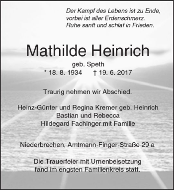 Traueranzeige von Mathilde Heinrich von  Camberger Anzeiger