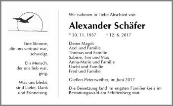 Traueranzeige von Alexander Schäfer von  Gießener Anzeiger