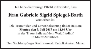 Traueranzeige von Gabriele Sigrid Spiegel-Barth von Trauerportal Rhein Main Presse