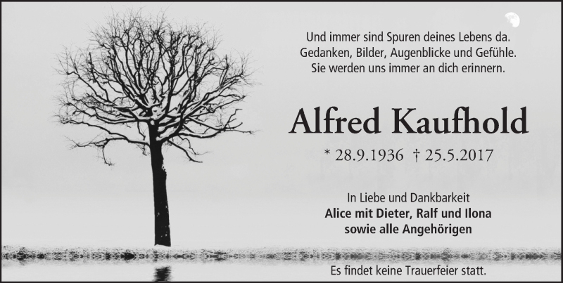  Traueranzeige für Alfred Kaufhold vom 03.06.2017 aus Trauerportal Echo Online