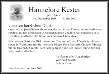 Traueranzeige von Hannelore Kester von  Usinger Anzeiger