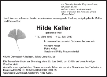 Traueranzeige von Hilde Keller von Trauerportal Echo Online
