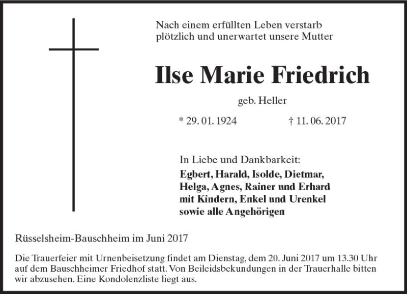  Traueranzeige für Ilse Marie Friedrich vom 17.06.2017 aus Trauerportal Rhein Main Presse