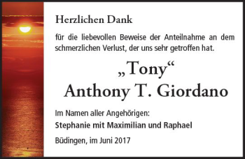 Traueranzeige von Anthony Thomas Giordano von  Kreisanzeiger