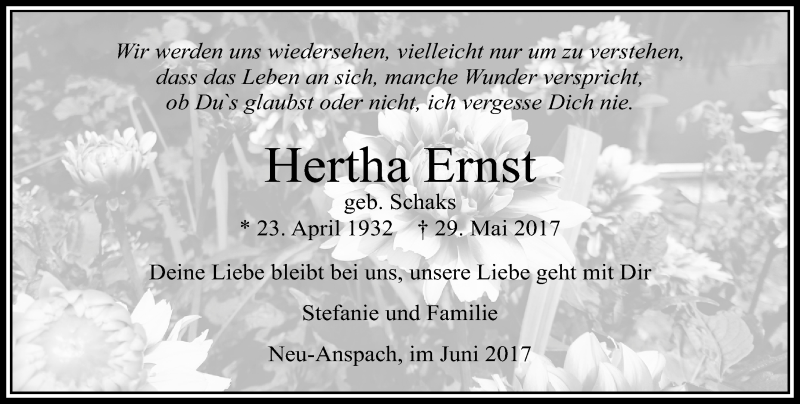  Traueranzeige für Hertha Ernst vom 03.06.2017 aus  Usinger Anzeiger