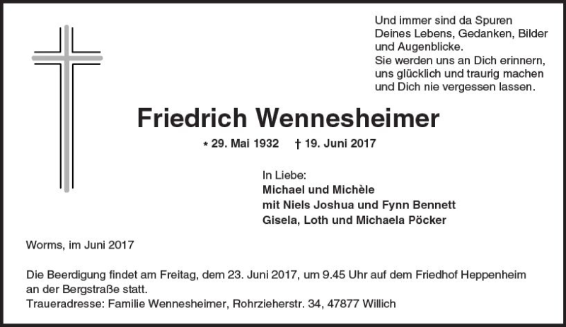  Traueranzeige für Friedrich Wennesheimer vom 21.06.2017 aus Trauerportal Echo Online