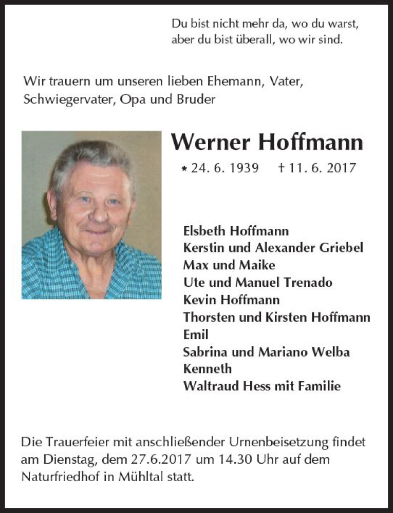  Traueranzeige für Werner Hoffmann vom 17.06.2017 aus Trauerportal Echo Online