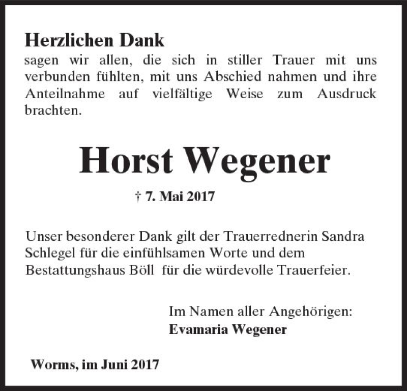  Traueranzeige für Horst Wegener vom 21.06.2017 aus Trauerportal Rhein Main Presse