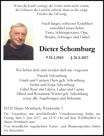 Traueranzeige von Dieter Schomburg von Trauerportal Rhein Main Presse