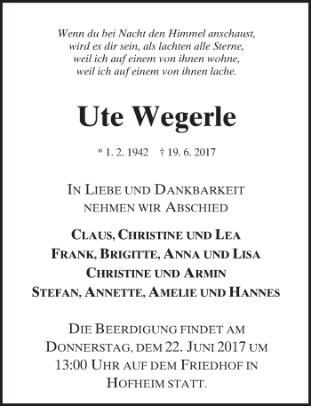 Traueranzeige von Ute Wegerle von Trauerportal Echo Online