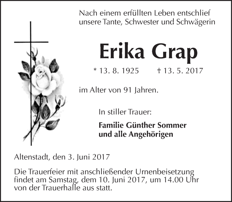  Traueranzeige für Erika Grap vom 03.06.2017 aus  Kreisanzeiger