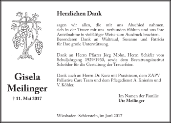 Traueranzeige von Gisela Meilinger von Trauerportal Rhein Main Presse