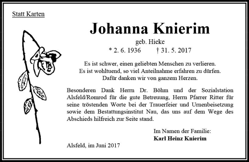  Traueranzeige für Johanna Knierim vom 24.06.2017 aus VRM Trauer