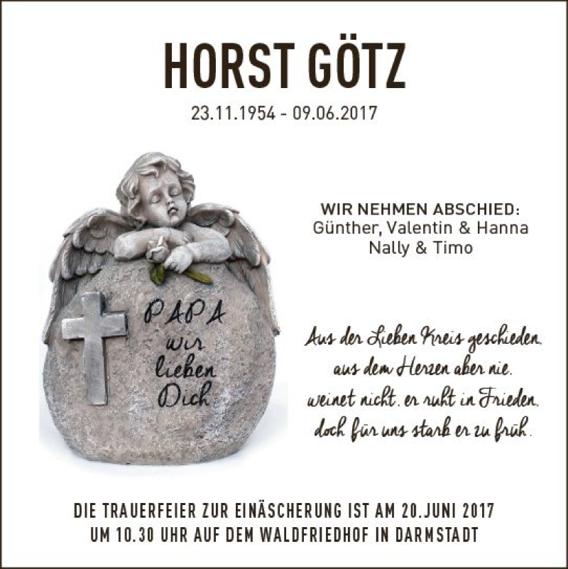  Traueranzeige für Horst Götz vom 17.06.2017 aus Trauerportal Echo Online