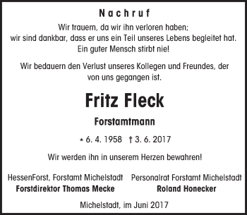 Traueranzeige von Fritz Fleck von Trauerportal Echo Online