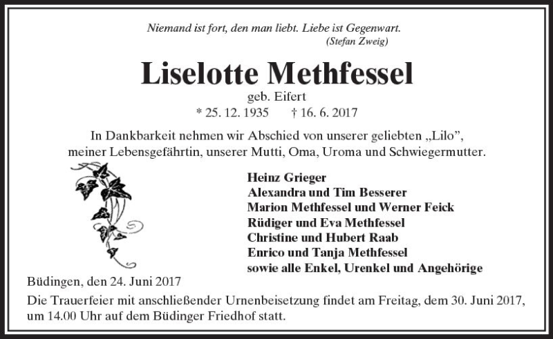  Traueranzeige für Liselotte Methfessel vom 24.06.2017 aus  Kreisanzeiger