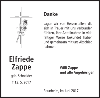 Traueranzeige von Elfriede Zappe von Trauerportal Rhein Main Presse