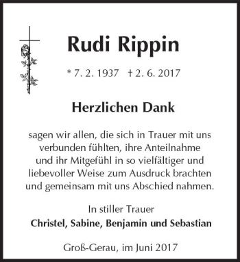 Traueranzeige von Rudi Rippin von Trauerportal Echo Online