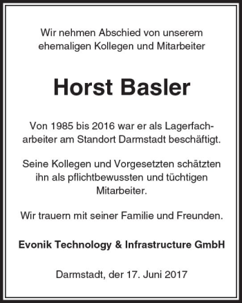 Traueranzeige von Horst Basler von Trauerportal Echo Online