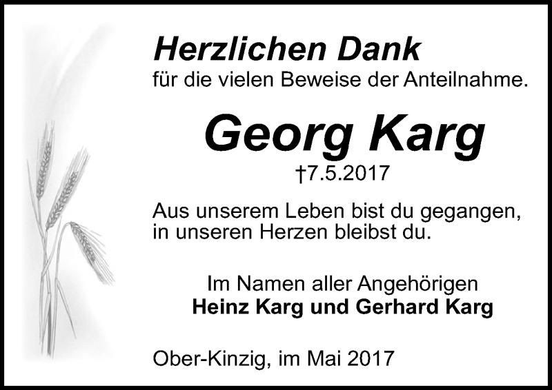  Traueranzeige für Georg Karg vom 03.06.2017 aus Trauerportal Echo Online