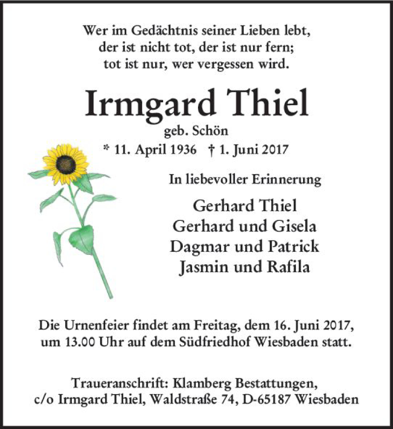  Traueranzeige für Irmgard Thiel vom 10.06.2017 aus Trauerportal Rhein Main Presse