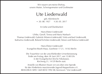 Traueranzeige von Ute Liederwald von Trauerportal Echo Online
