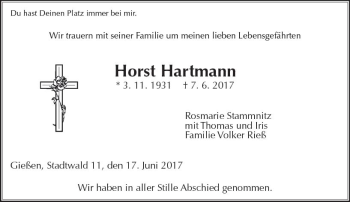 Traueranzeige von Horst Hartmann von  Gießener Anzeiger