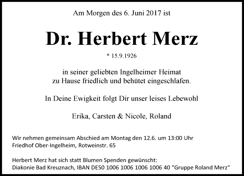  Traueranzeige für Herbert Merz vom 08.06.2017 aus Trauerportal Rhein Main Presse