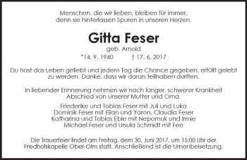 Traueranzeige von Gitta Feser von Trauerportal Rhein Main Presse
