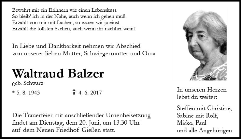  Traueranzeige für Waltraud Balzer vom 16.06.2017 aus  Gießener Anzeiger