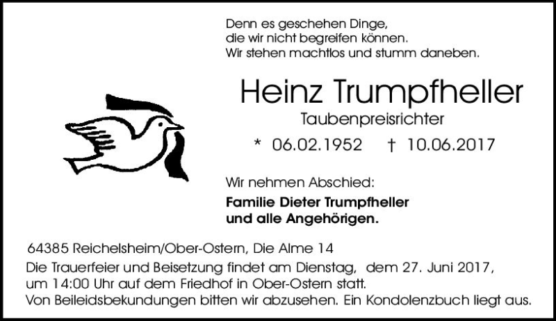  Traueranzeige für Heinz Trumpfheller vom 24.06.2017 aus Trauerportal Echo Online