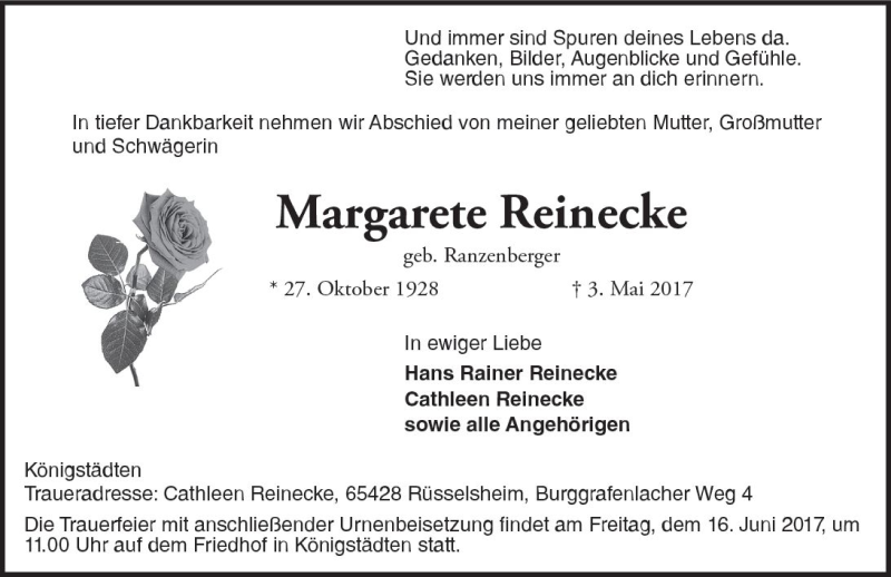  Traueranzeige für Margarete Reinecke vom 10.06.2017 aus Trauerportal Rhein Main Presse