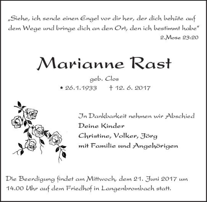  Traueranzeige für Marianne Rast vom 17.06.2017 aus Trauerportal Echo Online
