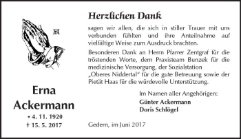 Traueranzeige von Erna Ackermann von  Kreisanzeiger