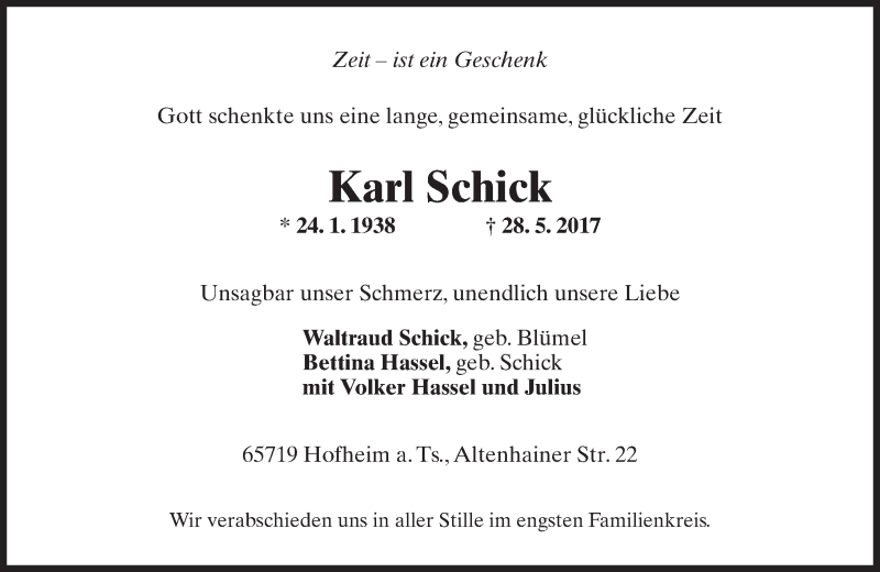  Traueranzeige für Karl Schick vom 02.06.2017 aus Trauerportal Rhein Main Presse