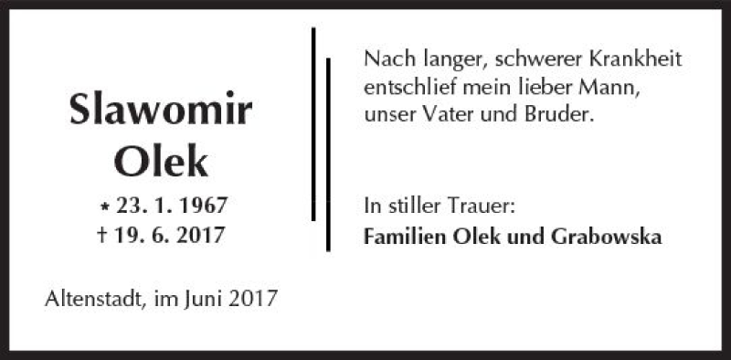  Traueranzeige für Slawomir Olek vom 21.06.2017 aus  Kreisanzeiger