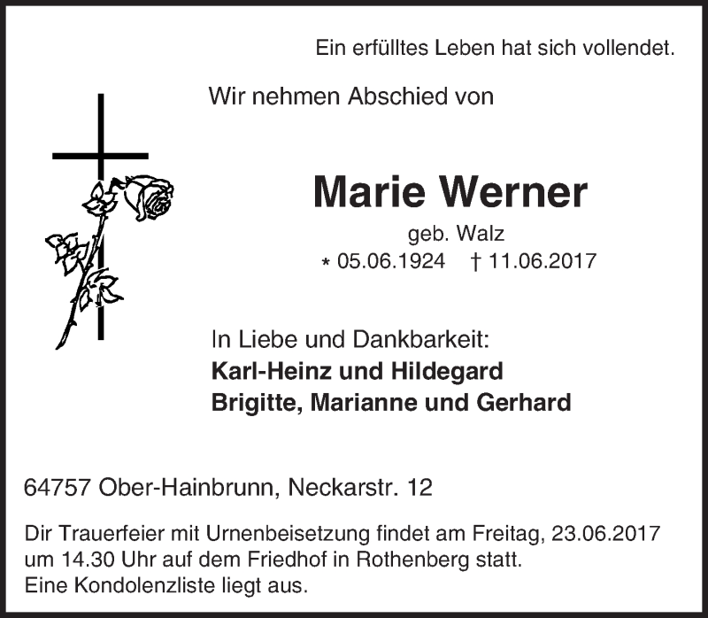  Traueranzeige für Marie Werner vom 21.06.2017 aus Trauerportal Echo Online