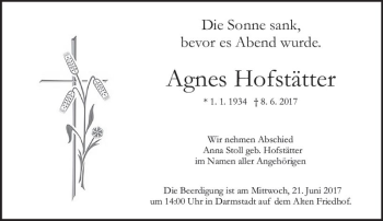 Traueranzeige von Agnes Hofstätten von Trauerportal Echo Online