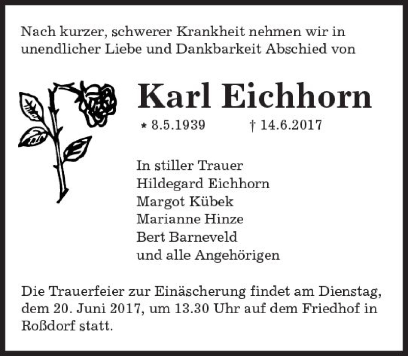  Traueranzeige für Karl Eichhorn vom 17.06.2017 aus Trauerportal Echo Online