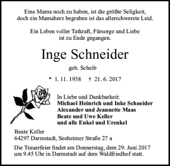 Traueranzeige von Inge Schneider von Trauerportal Echo Online
