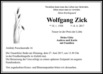 Traueranzeige von Wolfgang Zick von VRM Trauer