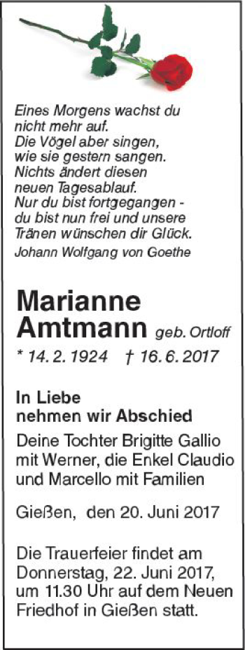 Traueranzeige von Marianne Amtmann von  Gießener Anzeiger