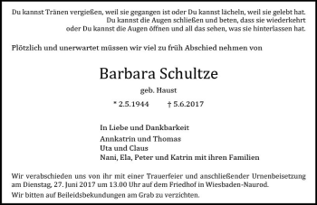 Traueranzeige von Barbara Schultze von Trauerportal Rhein Main Presse