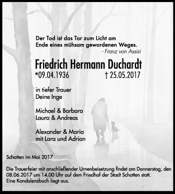 Traueranzeige von Friedrich Hermann Duchardt von  Kreisanzeiger