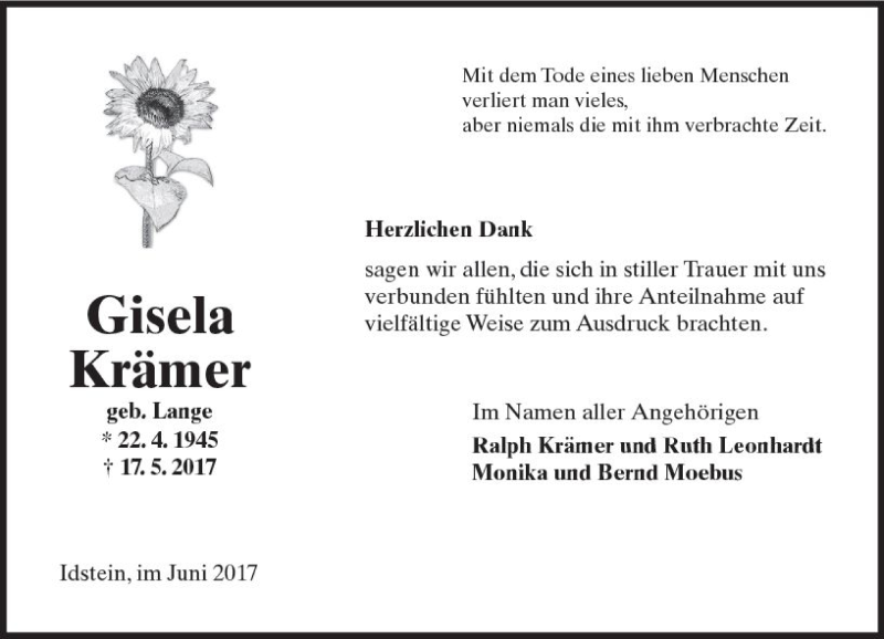  Traueranzeige für Gisela Krämer vom 10.06.2017 aus Trauerportal Rhein Main Presse