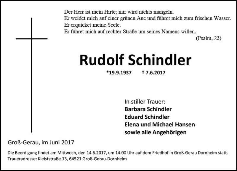  Traueranzeige für Rudolf Schindler vom 10.06.2017 aus Trauerportal Echo Online