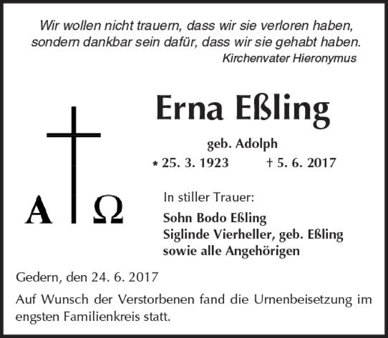  Traueranzeige für Erna Eßling vom 24.06.2017 aus  Kreisanzeiger